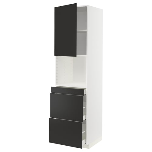 METOD メトード / MAXIMERA マキシメーラ ハイキャビネット 電子レンジ用 扉/引き出し3個付き, ホワイト/ニッケボー マットチャコール, 60x60x220 cm