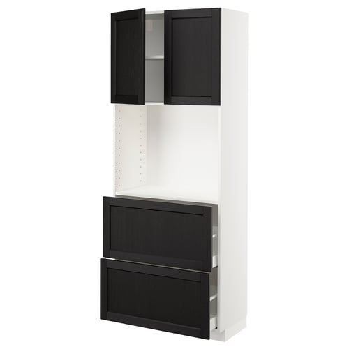 METOD メトード / MAXIMERA マキシメーラ ハイキャビネット 棚板/引き出し2個付き, ホワイト/レルヒッタン ブラックステイン, 80x41x200 cm