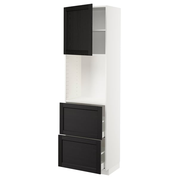METOD メトード / MAXIMERA マキシメーラ ハイキャビネット 棚板/引き出し2個付き, ホワイト/レルヒッタン ブラックステイン, 60x41x200 cm