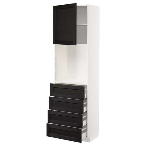 METOD メトード / MAXIMERA マキシメーラ ハイキャビネット 棚板/引き出し4個付き, ホワイト/レルヒッタン ブラックステイン, 60x41x200 cm