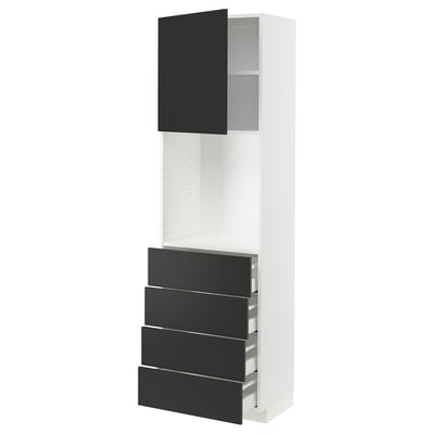 METOD メトード / MAXIMERA マキシメーラ ハイキャビネット 棚板/引き出し4個付き, ホワイト/ニッケボー マットチャコール, 60x41x200 cm