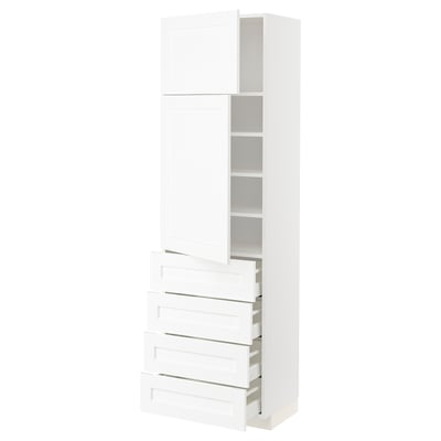 METOD メトード / MAXIMERA マキシメーラ ハイキャビネット 扉2枚/棚板/引き出し4個付き, ホワイト エンコーピング/ホワイト 木目調, 60x41x200 cm