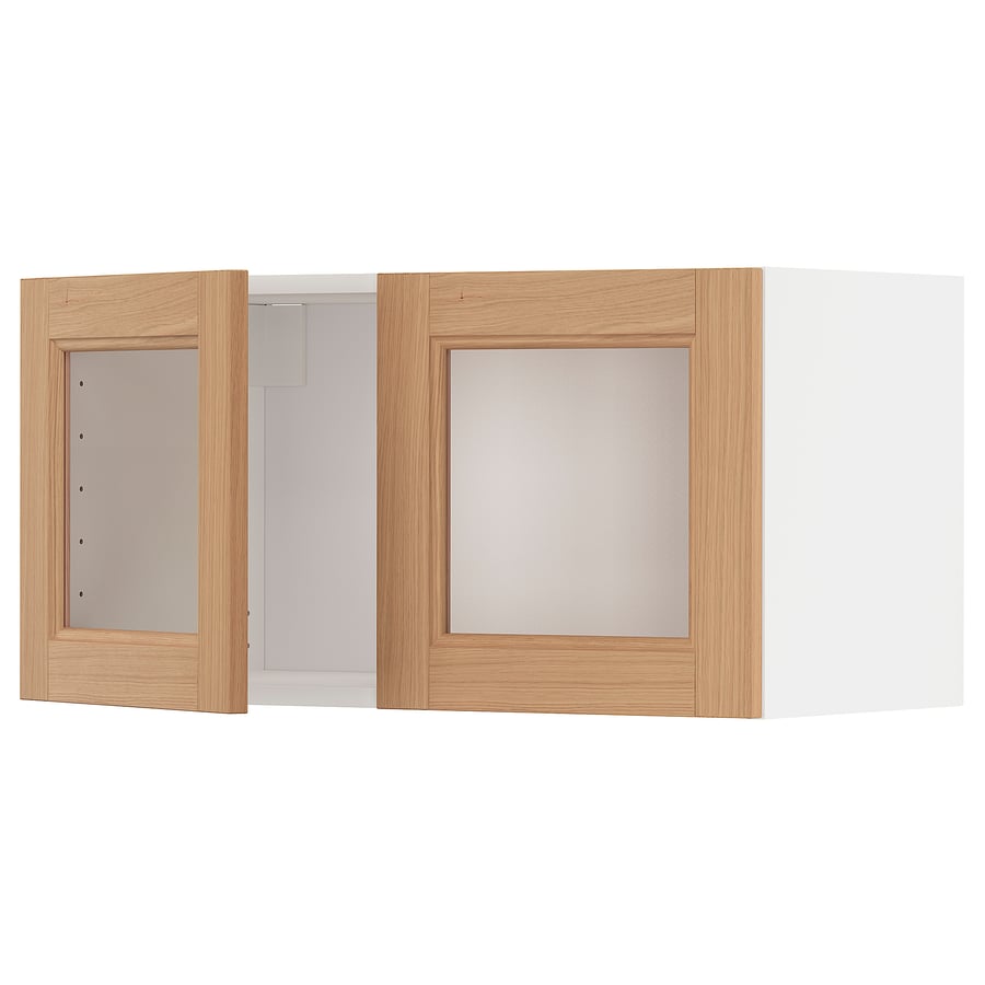 METOD メトード ウォールキャビネット ガラス扉2枚付, ホワイト/ヴェードハムン オーク, 80x37x40 cm IKEA