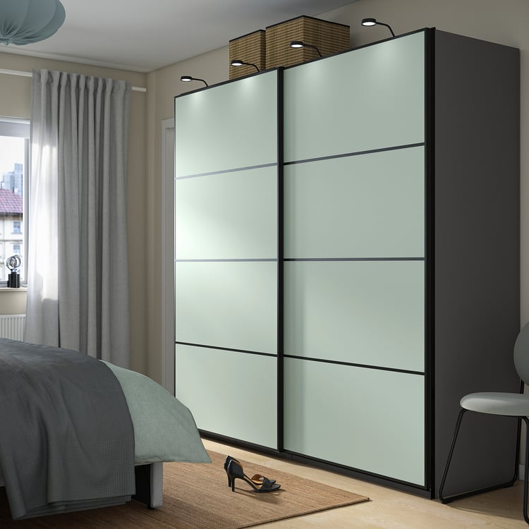 PAX パックス / MEHAMN メーハムン ワードローブ 引き戸付, ダークグレー/両面仕様 ライトグリーン, 200x66x201 cm