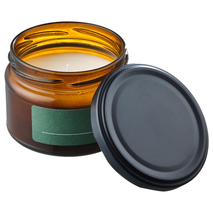 PRAKTRÖNN プラクトロン アロマキャンドル ガラス容器入りふた付き, スプリングハーブ/イエローブラウン, 20 時間 IKEA