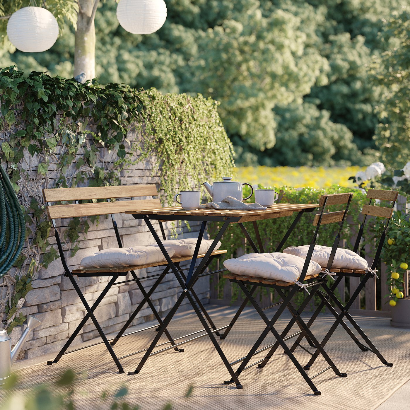 IKEA　テーブル＆チェア2脚 屋外用, ブラック/ライトブラウンステイン taernoe-table-and-2-stools-