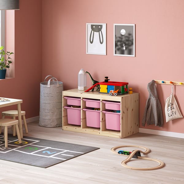 Trofast トロファスト 収納コンビネーション ライトホワイトステインパイン ピンク ピンク 94x44x53 Cm Ikea