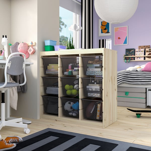 TROFAST トロファスト 収納コンビネーション, ルームディバイダ―/ライトホワイトステインパイン ダークグレー, 93x44x91 cm