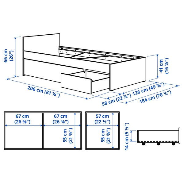 VIHALS ヴィーハルス ベッドフレーム 収納ボックス2個付き, ホワイト/ルーローイ, 120x200 cm