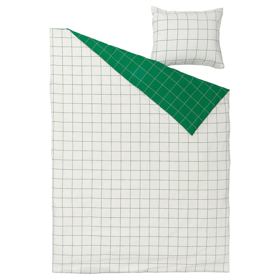 VITKLÖVER ヴィートクローヴェル 掛け布団カバー＆枕カバー, ホワイト グリーン/チェック, 150x200/50x60 cm IKEA