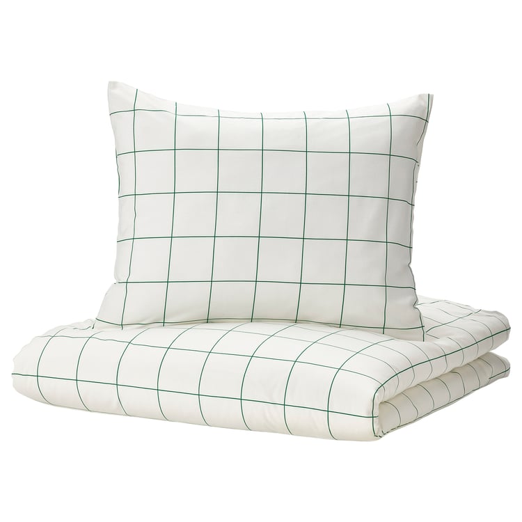 VITKLÖVER ヴィートクローヴェル 掛け布団カバー＆枕カバー, ホワイト グリーン/チェック, 150x200/50x60 cm IKEA