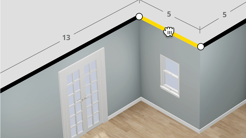 A digital room layout shows wall measurements, with one yellow-highlighted wall labeled 5 feet, and a Customize option is visible.