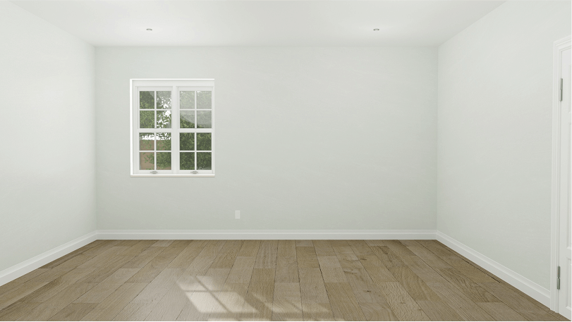 An empty room with light-colored walls, a window, wooden floor, a closed door, and a "Quick start" button in the upper left corner.