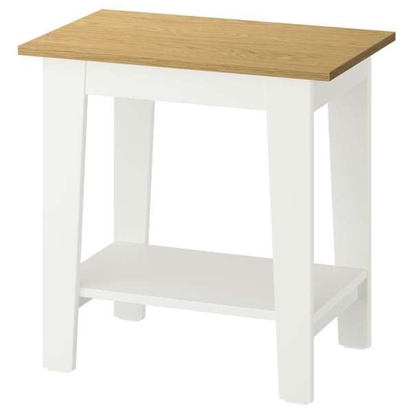 ÄMMARYD side table, white & wood, rectangular top & shelf, four square legs.