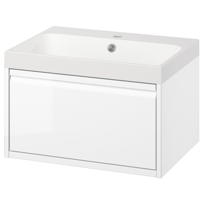 Modern white wall-mounted bathroom vanity with single drawer and integrated handles. Sleek, minimal design with rectangular shape and sharp edges.