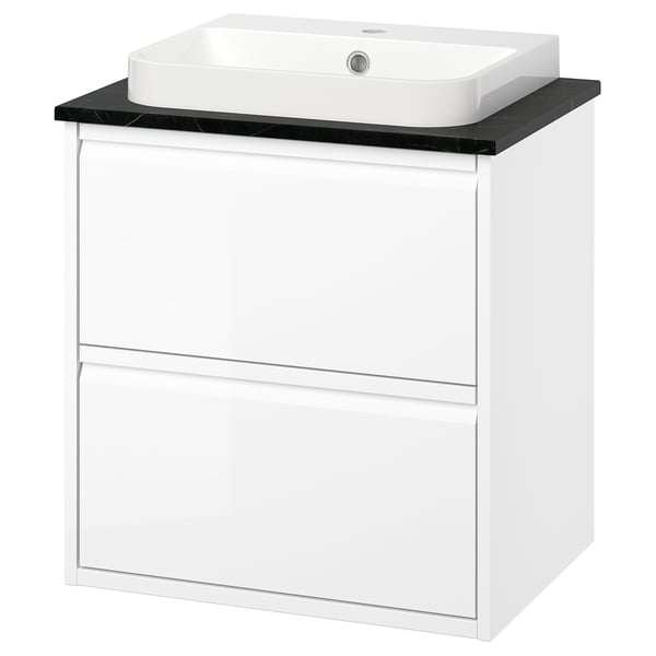 Modern white bathroom vanity with sleek handles, rectangular sink, glossy countertop, minimalist design.