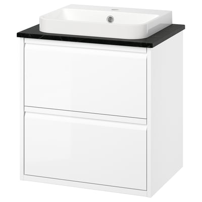 Modern white bathroom vanity with sleek handles, rectangular sink, glossy countertop, minimalist design.