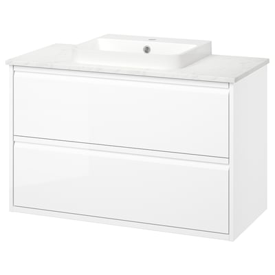 ÄNGSJÖN vanity, marble top, rectangular sink, glossy drawers with integrated handles