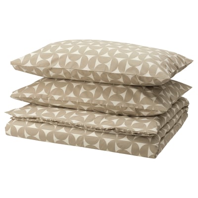 ÄNGSNEJLIKA Duvet cover and 2 pillowcases, grey-beige/off-white, 200x230/50x80 cm
