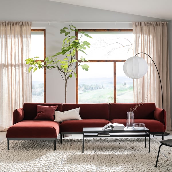 ÄPPLARYD 4-seat sofa with chaise longue, Djuparp red/brown