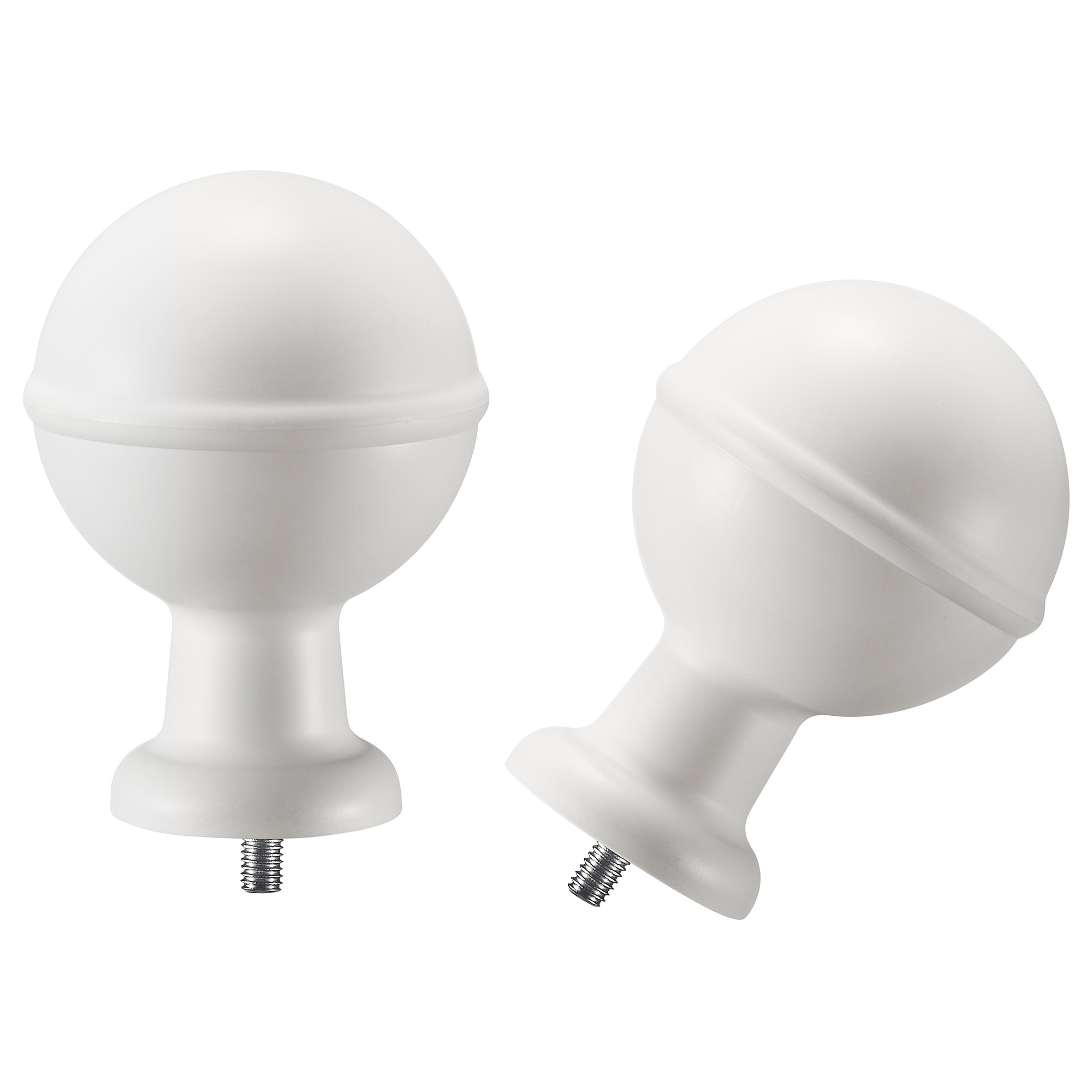 Two white spherical curtain rod finials with screws, one upright, one angled.