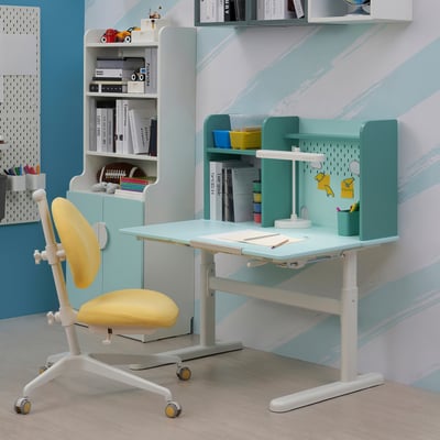 BERGLÄRKA Desk, turquoise/white tiltable, 100x70 cm