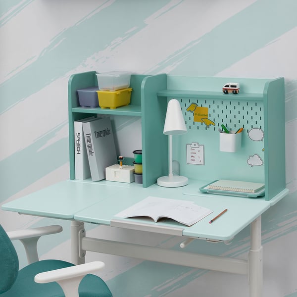 BERGLÄRKA Desk, turquoise/white tiltable, 100x70 cm