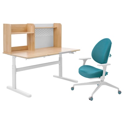BERGLÄRKA / GUNRIK Children's desk+chair w armrests, solid birch/turquoise, 120x70 cm