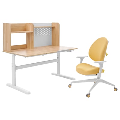 BERGLÄRKA / GUNRIK Children's desk+chair w armrests, solid birch/yellow, 120x70 cm