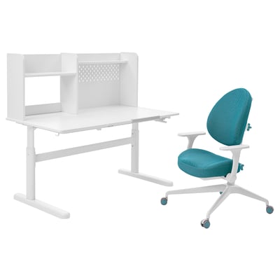 BERGLÄRKA / GUNRIK Children's desk+chair w armrests, white/turquoise, 120x70 cm