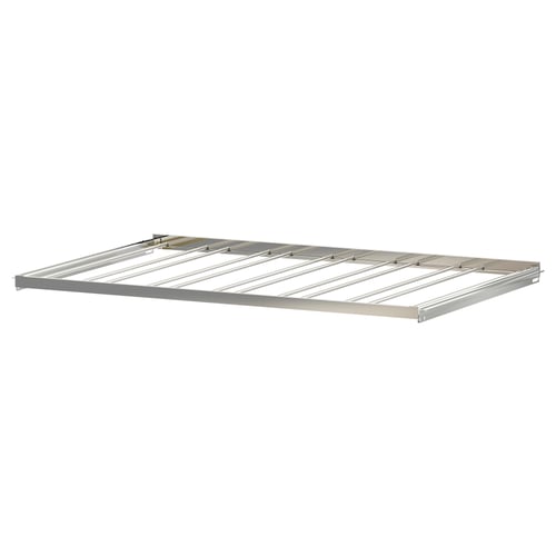 A BESTÅ chrome steel bottle rack shelf, rectangular and tilted.