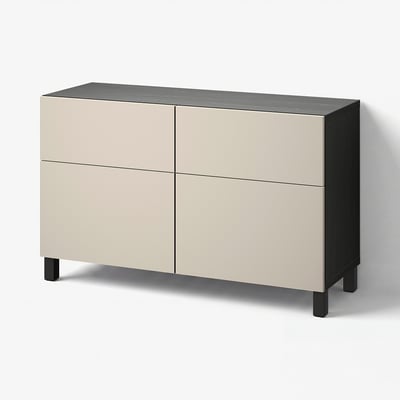 BESTÅ Storage combination w doors/drawers, black-brown/Lappviken/Stubbarp light grey-beige, 120x42x74 cm