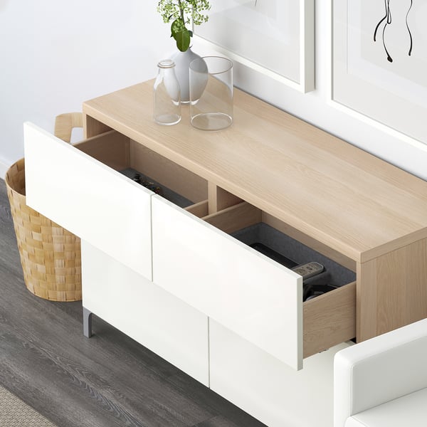 BESTÅ Storage combination w doors/drawers, white stained oak effect/Selsviken high-gloss/white, 120x42x74 cm
