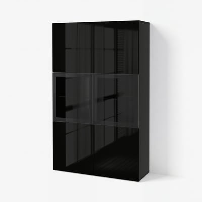 BESTÅ Storage combination w glass doors, black-brown/Selsviken high-gloss/black clear glass, 120x42x193 cm