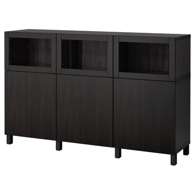 Black BESTÅ sideboard with glass doors, wooden frames, adjustable shelves.