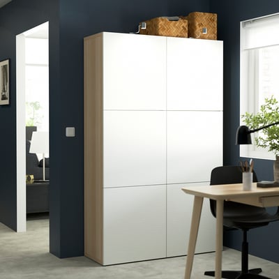 BESTÅ Storage combination with doors, white stained oak effect/Laxviken white, 120x42x193 cm
