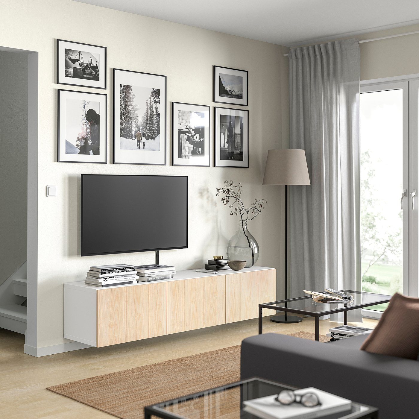 BESTÅ TV bench with doors, white/Fänrik ash, 180x42x38 cm - IKEA