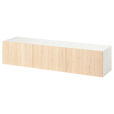 A white and light wood BESTÅ tv bench with adjustable shelves for cable management. The design is modern with clean lines and four light wood doors.