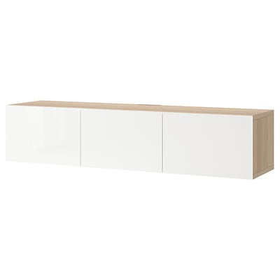 BESTÅ TV bench with doors, white stained oak effect/Selsviken high-gloss/white, 180x42x38 cm