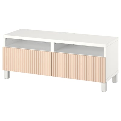 White BESTÅ tv unit with wooden slats, four legs, two open shelves, sleek design.