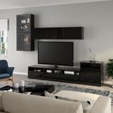 BESTÅ TV storage combination/glass doors, black-brown/Selsviken high-gloss/black clear glass, 300x42x211 cm