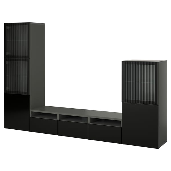BESTÅ TV storage combination/glass doors, dark grey Lappviken/Fällsvik anthracite, 300x42x193 cm