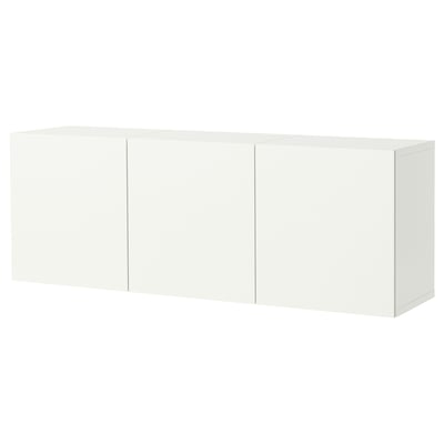 A white BESTÅ wall-mounted cabinet with adjustable shelves. The cabinet is rectangular and sleek, ideal for modern storage.