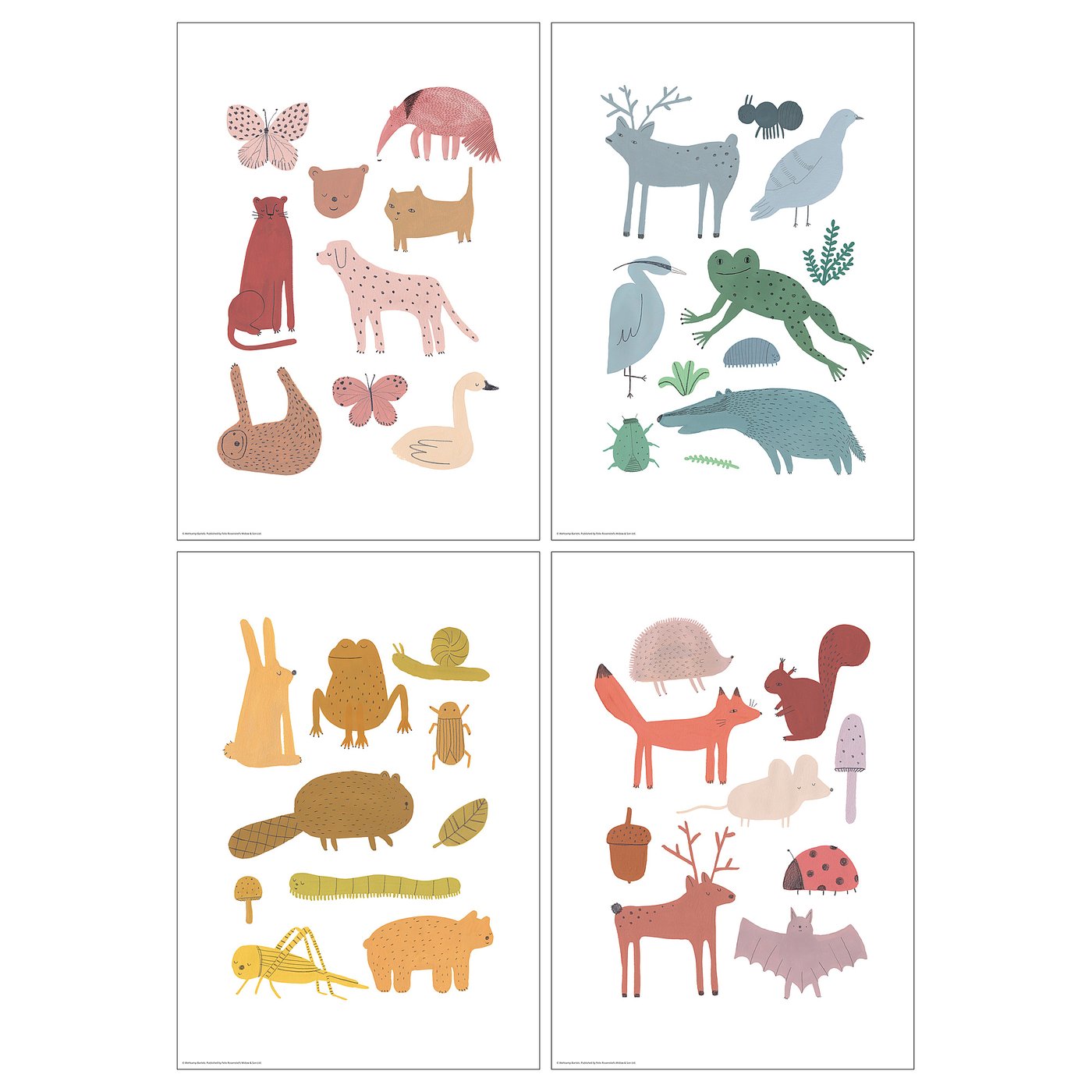 Four posters show diverse wildlife in warm, playful designs.