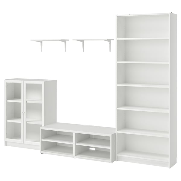 BILLY / BESTÅ TV storage combination, white clear glass/with wall shelves, 280x40x202 cm