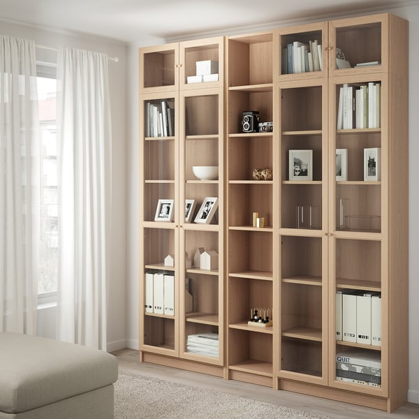 BILLY / OXBERG Bookcase combination/glass doors white stained oak