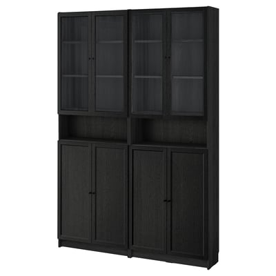 Black BILLY bookcase with glass-topped doors, four solid doors, adjustable shelves, traditional design.