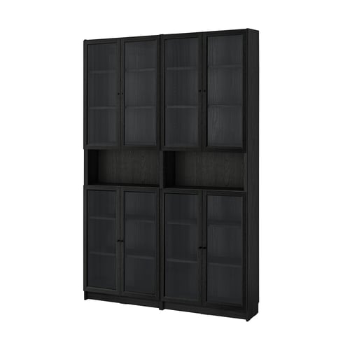BILLY / OXBERG Bookcase w height extension ut/drs, black oak effect/clear glass, 160x30x237 cm