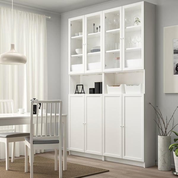 BILLY / OXBERG Bookcase w height extension ut/drs, white/clear glass, 160x30x237 cm