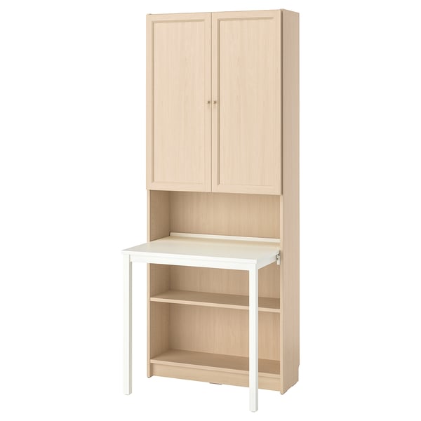 BILLY / OXBERG Bookcase with desk, birch effect/white, 80x202 cm